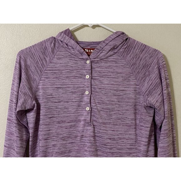 Simms Women's Small Long Sleeve 1/4 Button Hooded Fishing Shirt Heathered Pink - Picture 2 of 8